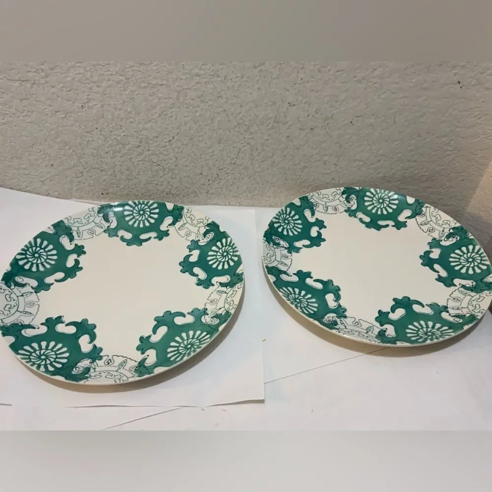2 Threshold Keira Stoneware Green Patterned Stoneware Dinner Plates 10.5